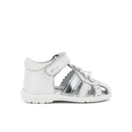White Leather Cage Sandals with Velcro and Flower for Girls
