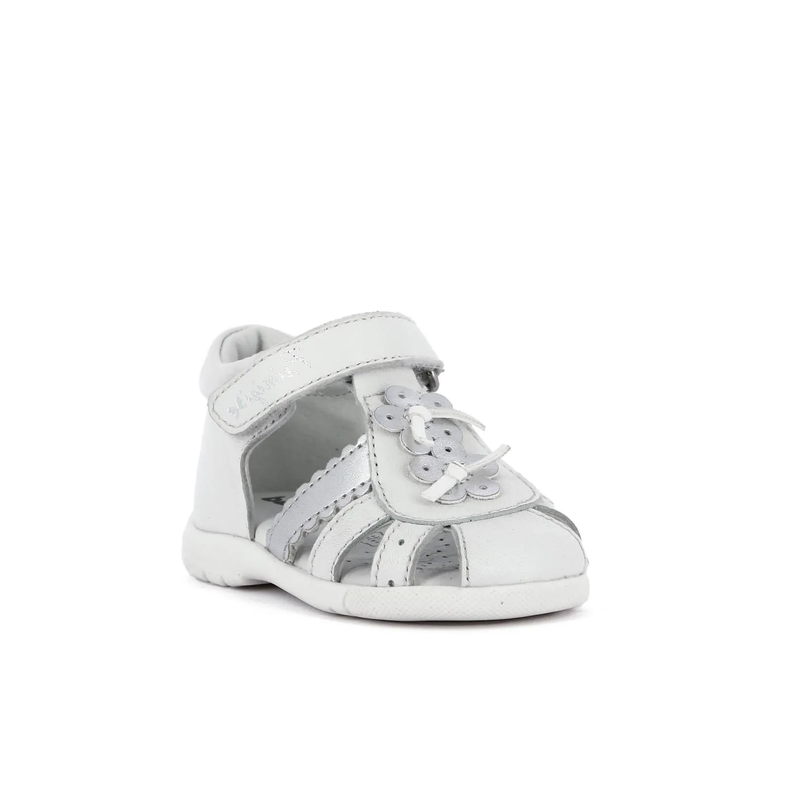 White Leather Cage Sandals with Velcro and Flower for Girls