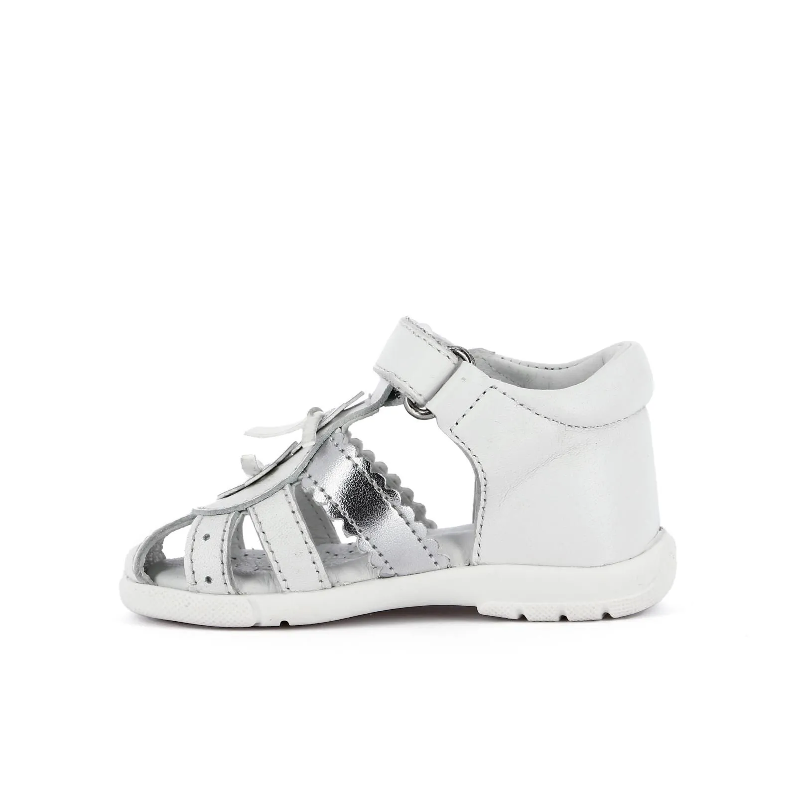 White Leather Cage Sandals with Velcro and Flower for Girls