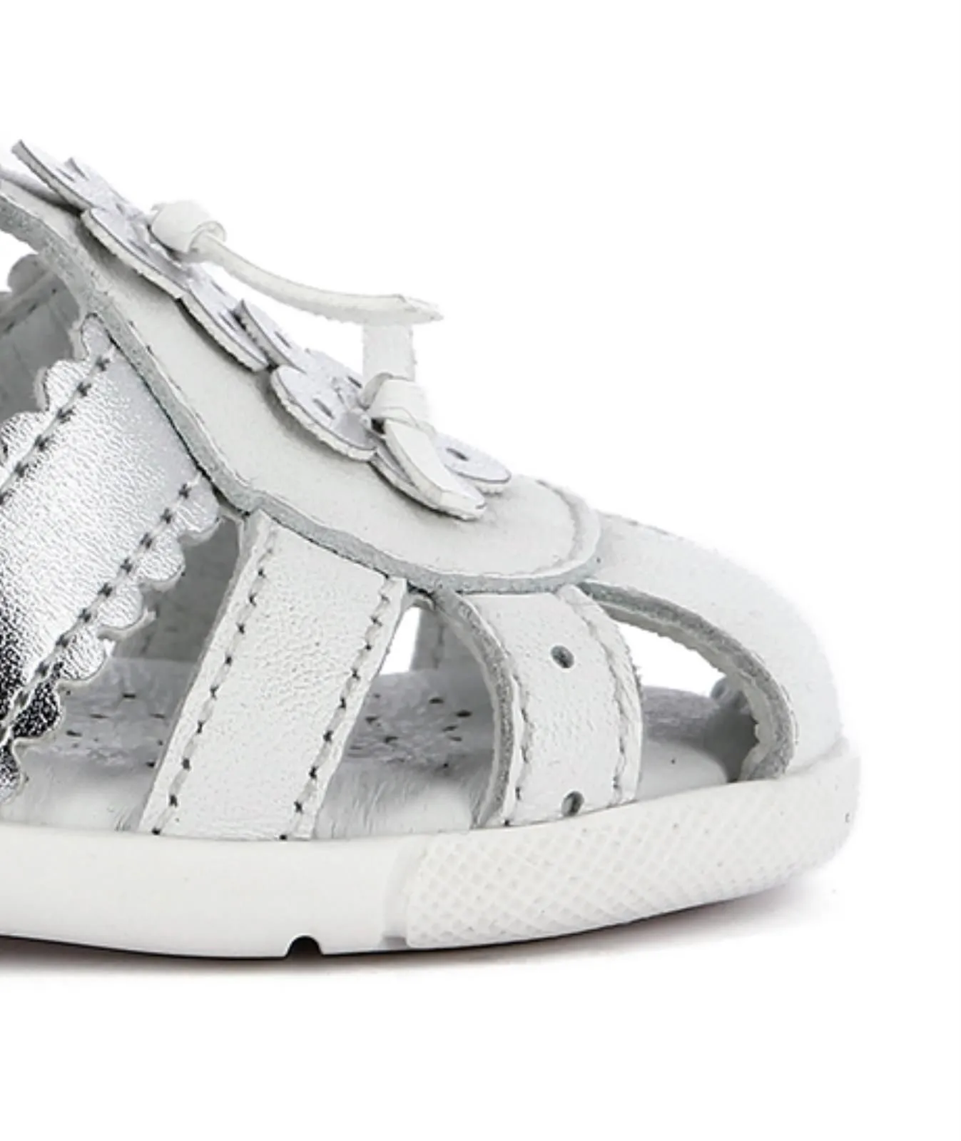 White Leather Cage Sandals with Velcro and Flower for Girls